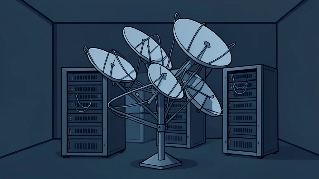 A cluster of interconnected satellite dishes and server racks in a dimly lit room, symbolizing digital networks and data infrastructure.