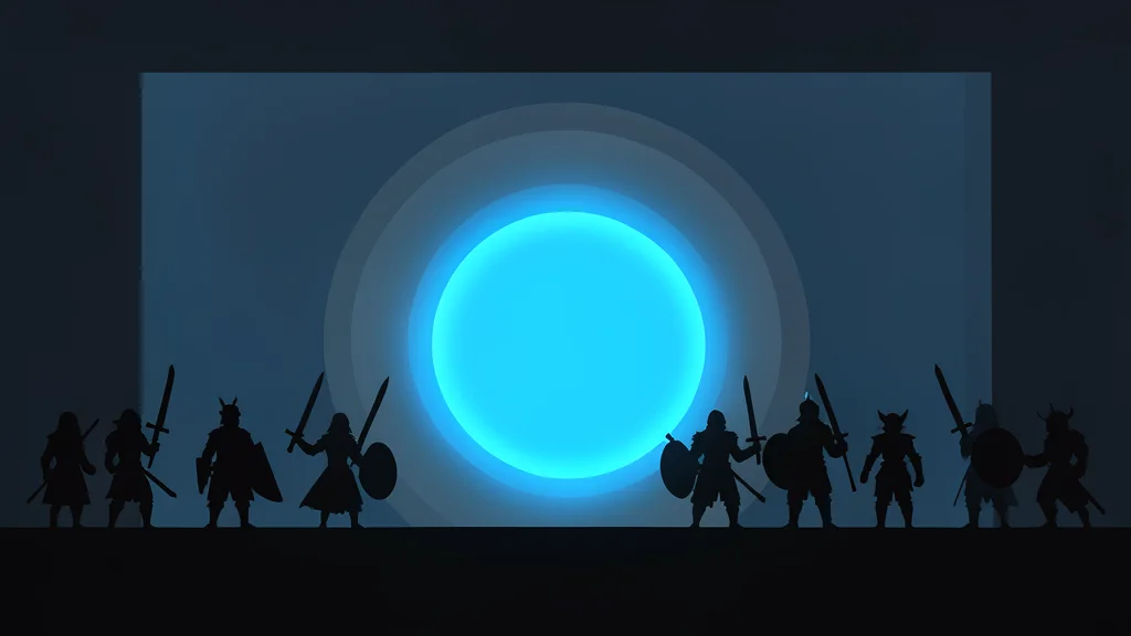 A large dark stage with a glowing blue portal in the center, surrounded by silhouettes of fantasy characters holding swords and shields.
