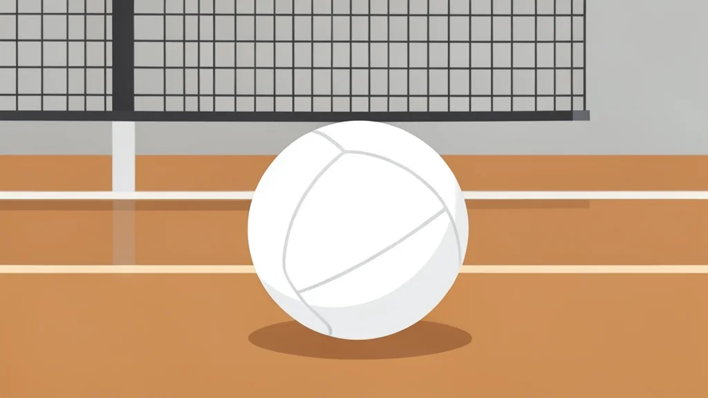 A white volleyball resting on a polished wooden gymnasium floor near a net post