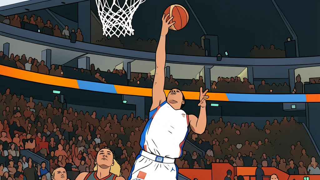 A polished orange basketball resting on a wooden court floor near the painted three-point arc