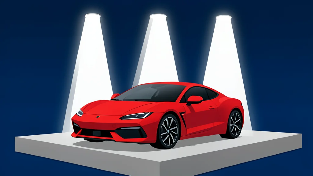 A sleek red electric sports car parked on a concrete launch pad under bright vertical spotlights
