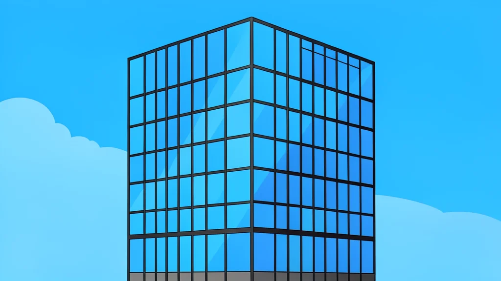 A modern glass office building with a grid of windows reflecting the sky