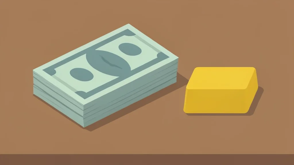 A stack of paper currency bills and a gold bar on a wooden desk
