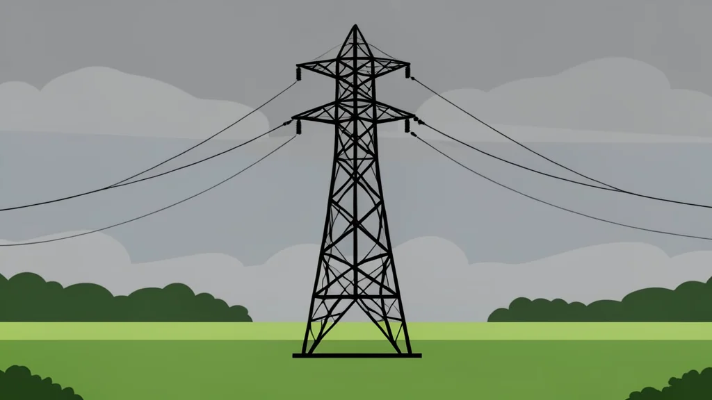 A high-voltage electricity pylon standing in a rural field under a grey sky
