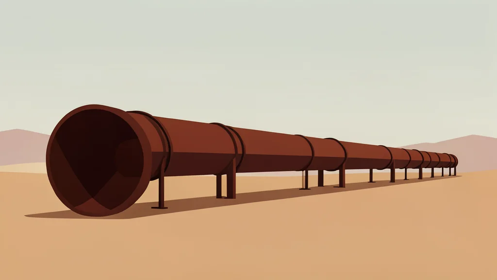 A long, rusted steel pipeline stretching across a dry, sandy desert landscape under a hazy sky.