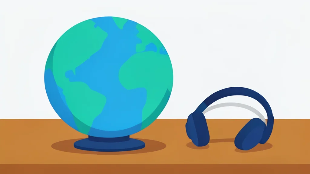 A small, smooth globe resting on a wooden desk next to a pair of headphones