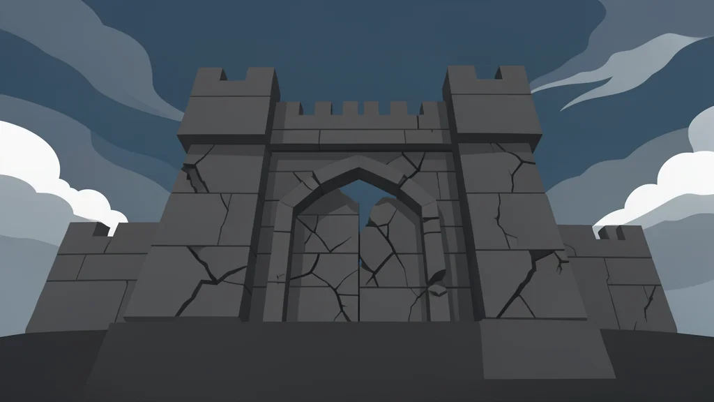 A dark, crumbling stone castle gate set against a stormy sky