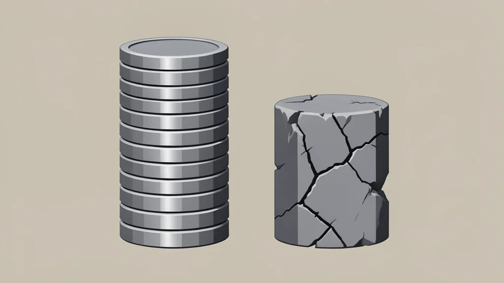 A stack of heavy, generic coins next to a crumbling stone pillar.