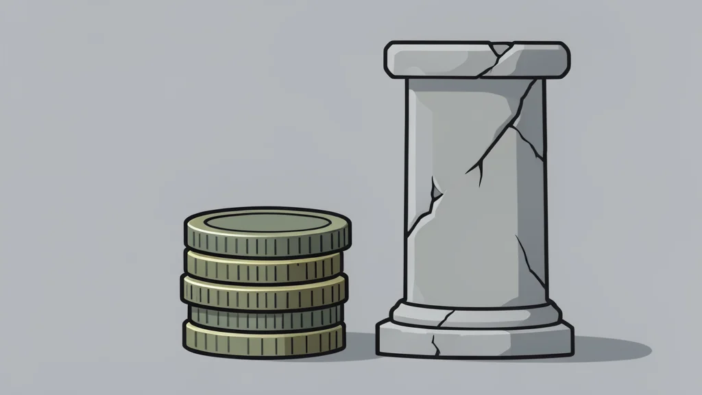 A stack of heavy, generic coins next to a crumbling stone pillar