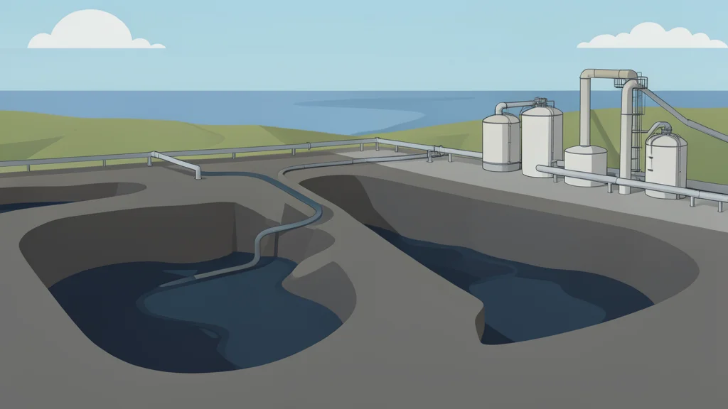 Underground salt caverns filled with dark liquid, connected to industrial pipelines and storage tanks along a coastal landscape.