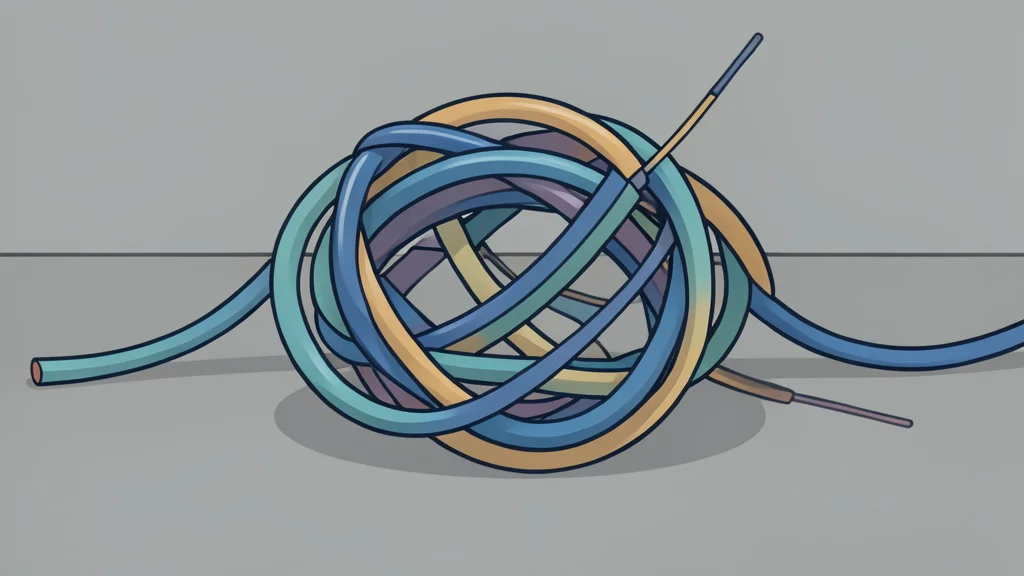 A tangled ball of fiber optic cables resting on a concrete floor