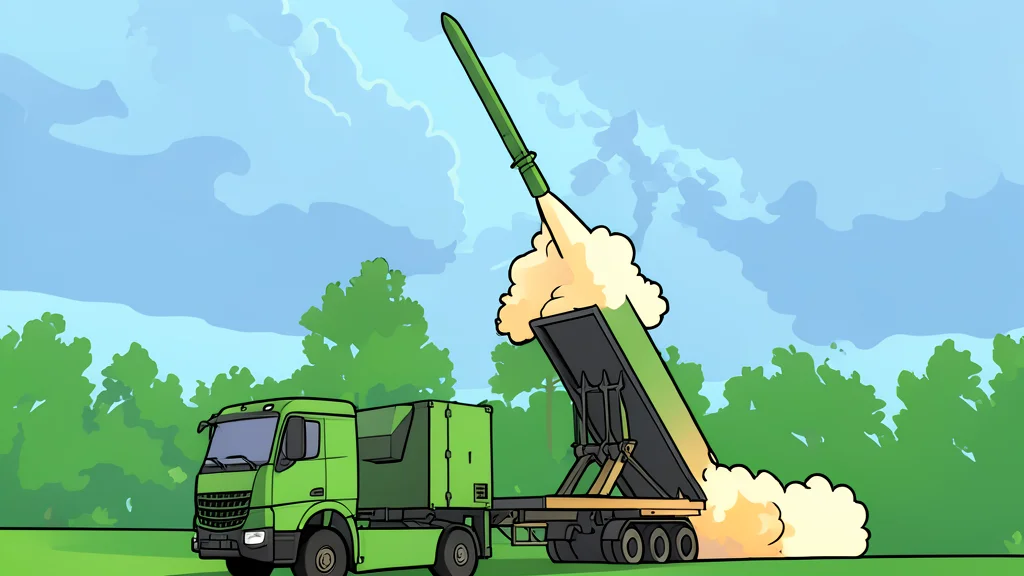 A sleek, dark grey missile resting on a metal launch rail in a foggy field