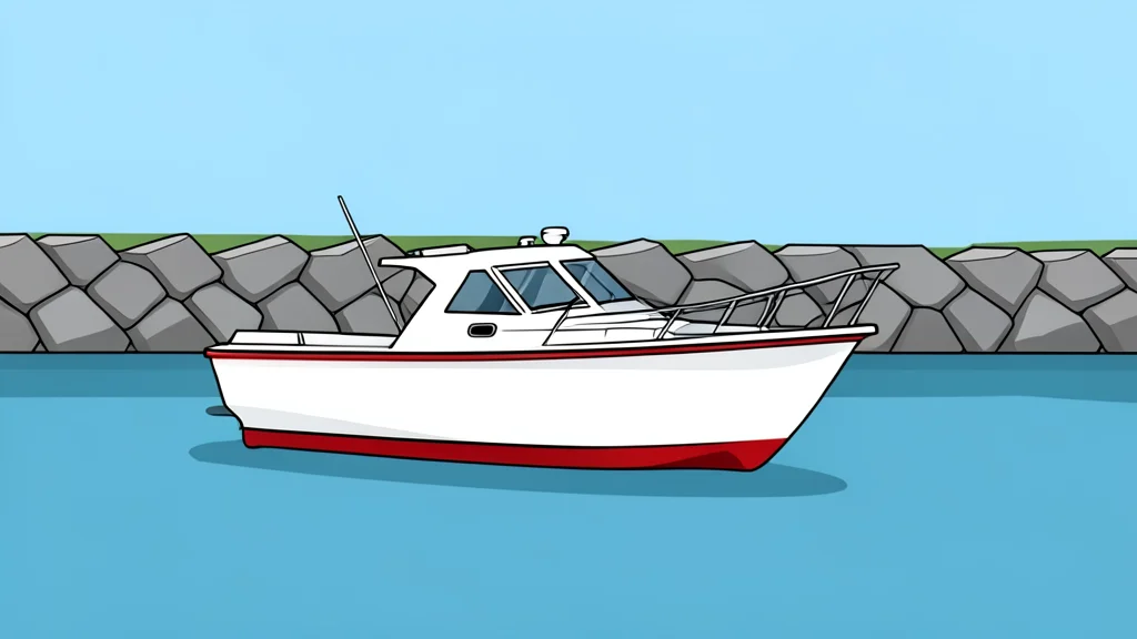 A white lifeboat with red trim resting on a calm harbor surface near a stone breakwater