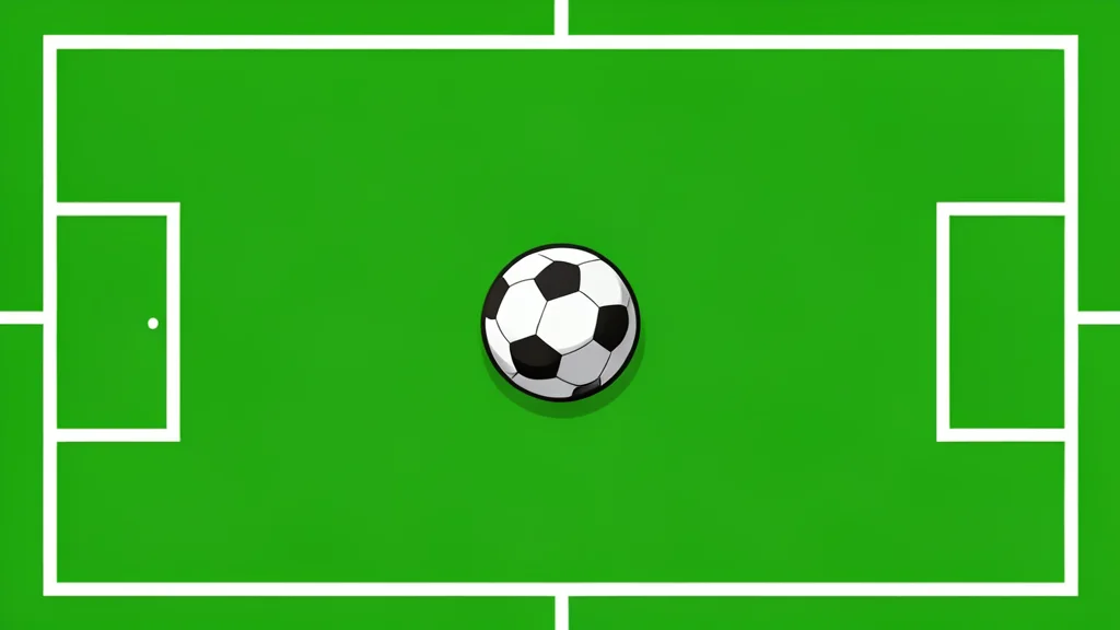 A green grass football pitch with white boundary lines and a single ball resting on the turf