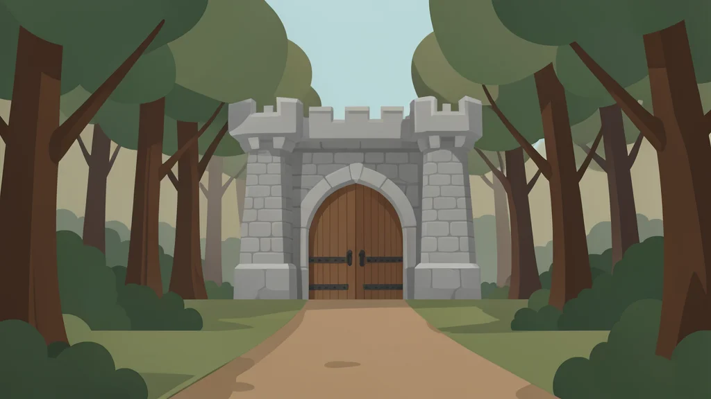 A stone castle gate stands at the end of a winding forest path, surrounded by ancient trees and mist.