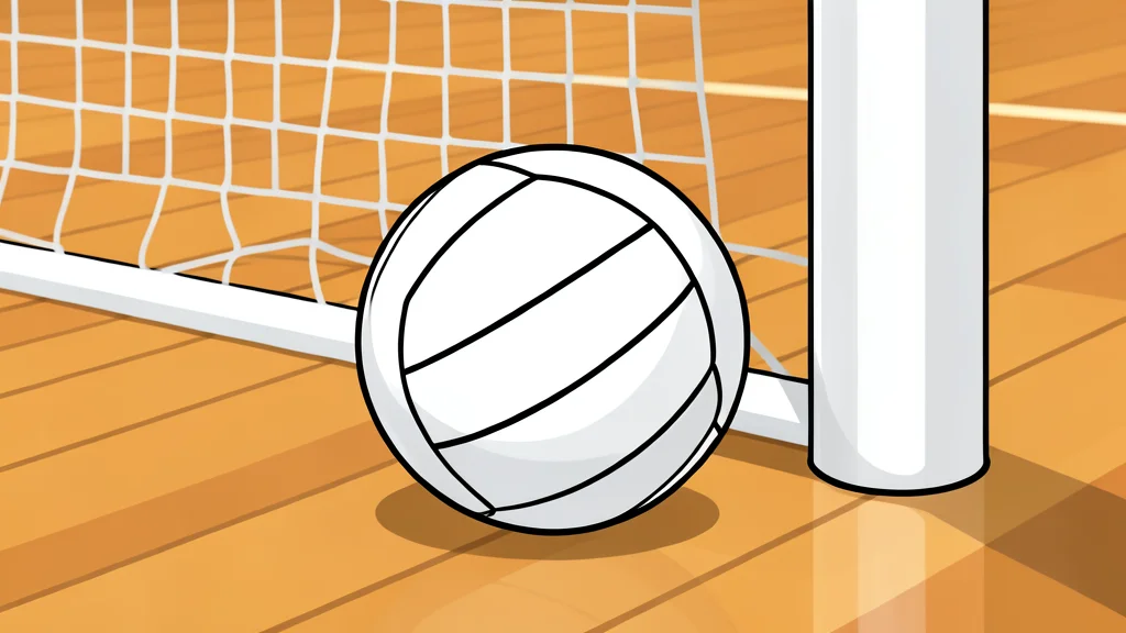 A white volleyball resting on a polished wooden gymnasium floor near a net post