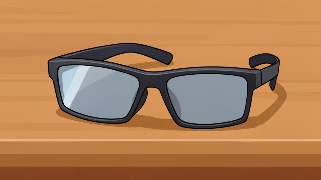 A pair of modern smart glasses resting on a wooden table