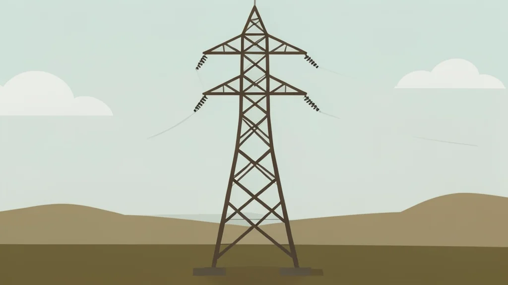 A high-voltage electricity pylon standing in a rural landscape