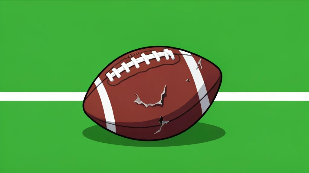 A worn football resting on green grass near the goal line