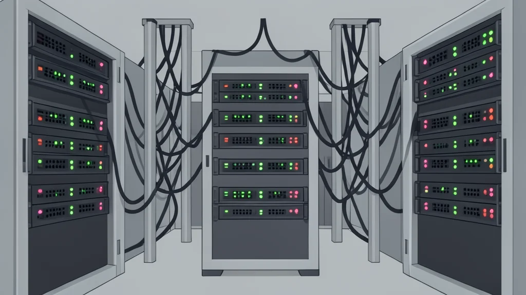 A server room with rows of blinking lights and tangled cables