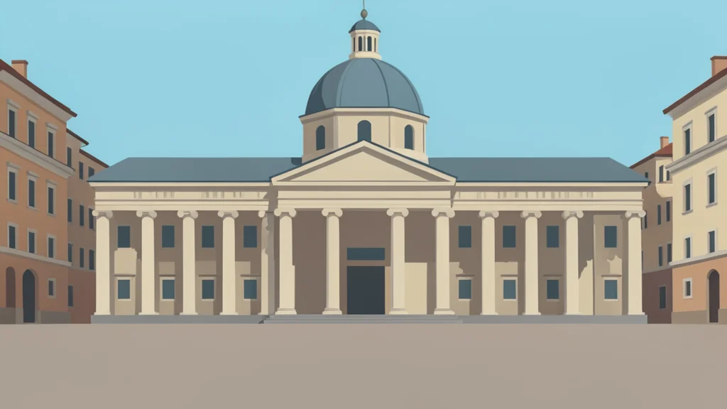 A large, classical stone building with a colonnade and a dome, situated in a European city square.