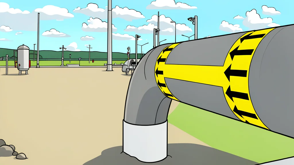 A long, silver metallic pipe stretching across a dry, dusty landscape