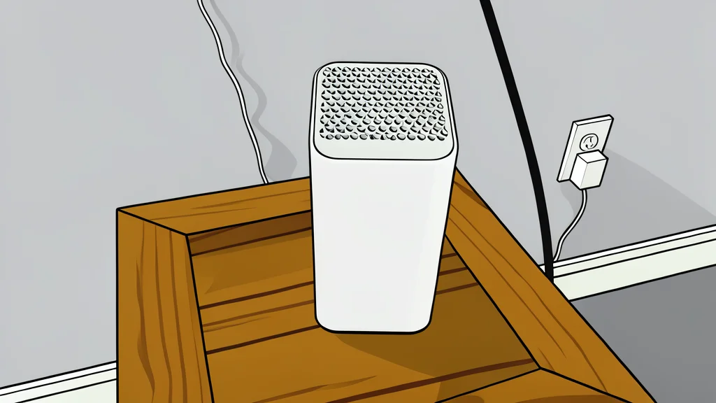 A white wireless router with multiple antennas sits on a wooden shelf next to a smart light bulb