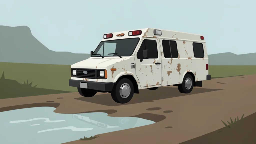 A weathered emergency response vehicle parked on a muddy roadside near a flooded area