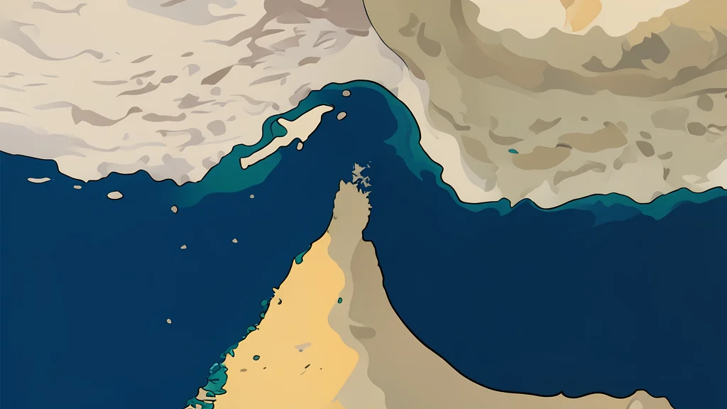 A flat vector illustration of a narrow, deep blue waterway flanked by steep, arid rocky cliffs.