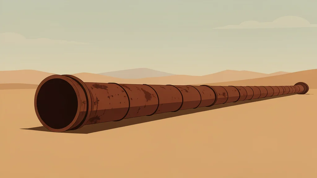 A long, rusted steel pipeline stretching across a dry, arid desert landscape under a hazy sky