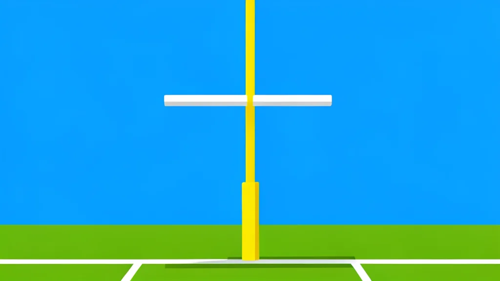 A grassy football field with white yard lines and goalposts under a clear sky
