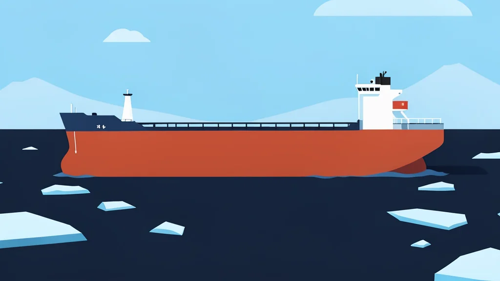 A large oil tanker floating on dark, icy water with chunks of sea ice nearby