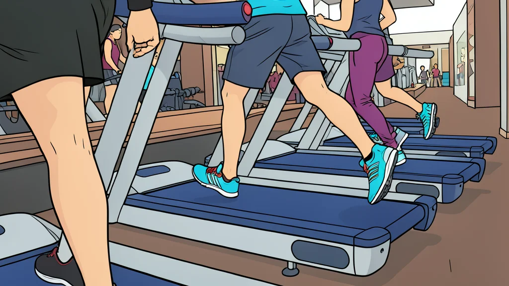 A modern gym interior with rows of treadmills and weight racks under bright lighting
