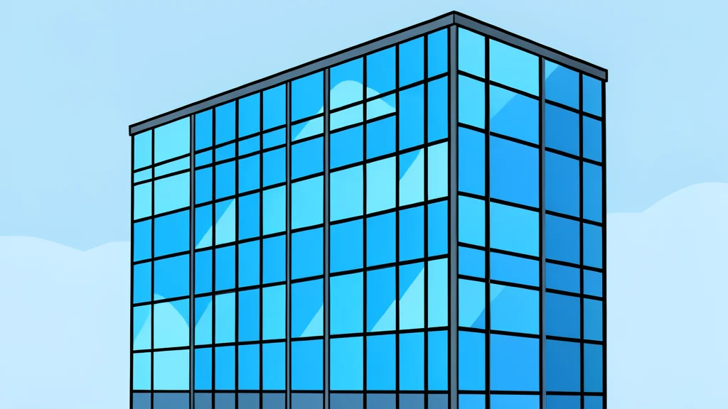 A modern glass office building with a grid of windows reflecting the sky