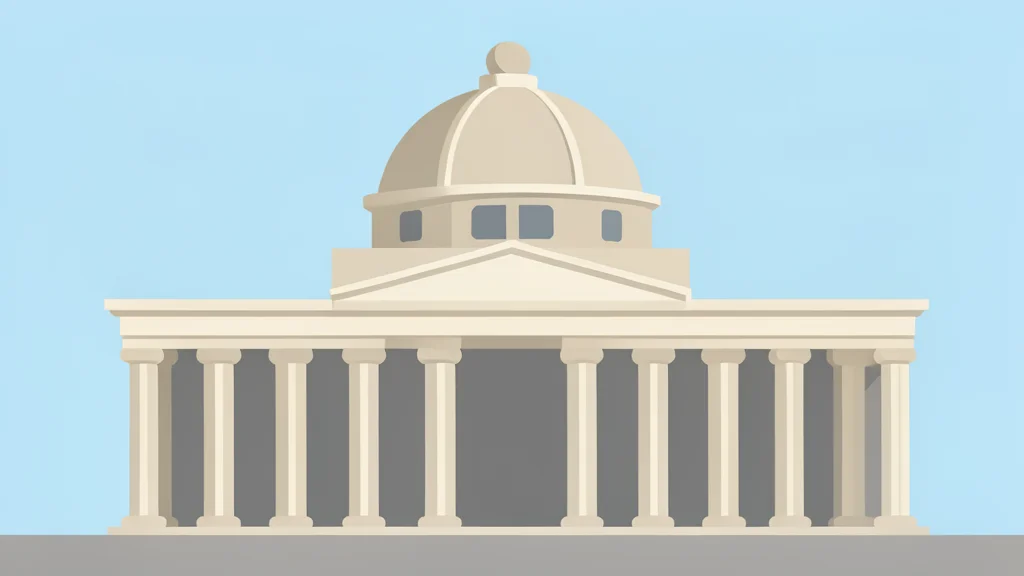 A classical central bank building facade with a dome and columns under a clear sky
