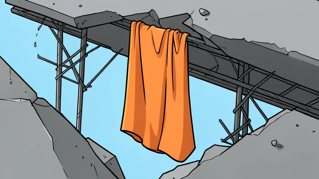A crumpled orange towel hanging from the twisted metal rebar of a collapsed concrete structure