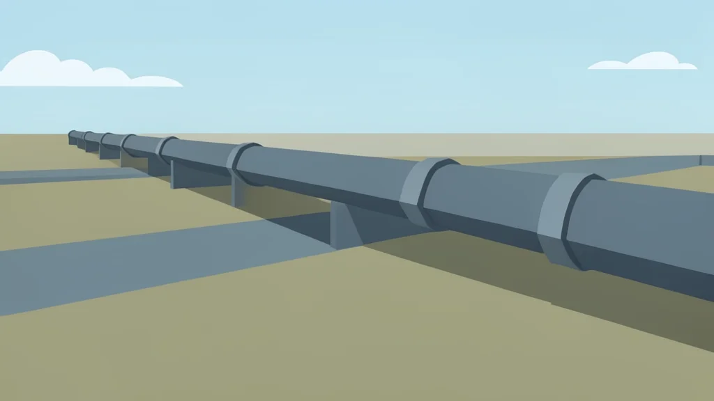 A network of large-diameter steel pipelines stretching across a flat, open landscape