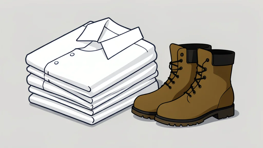 A neat stack of folded white work uniforms with a pair of sturdy safety boots resting beside them.