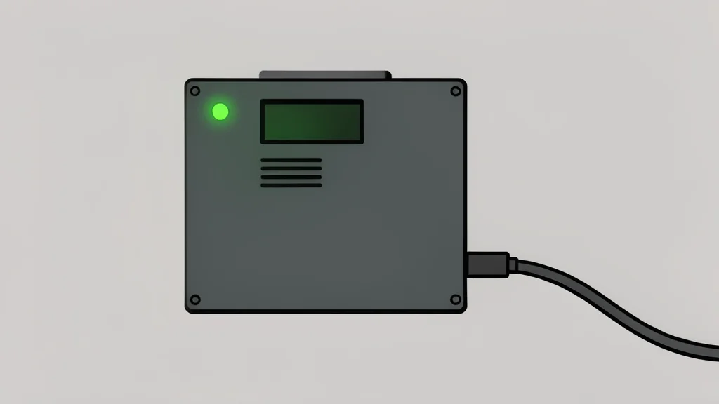 A rugged industrial computer module with a glowing green status light, connected to a network cable