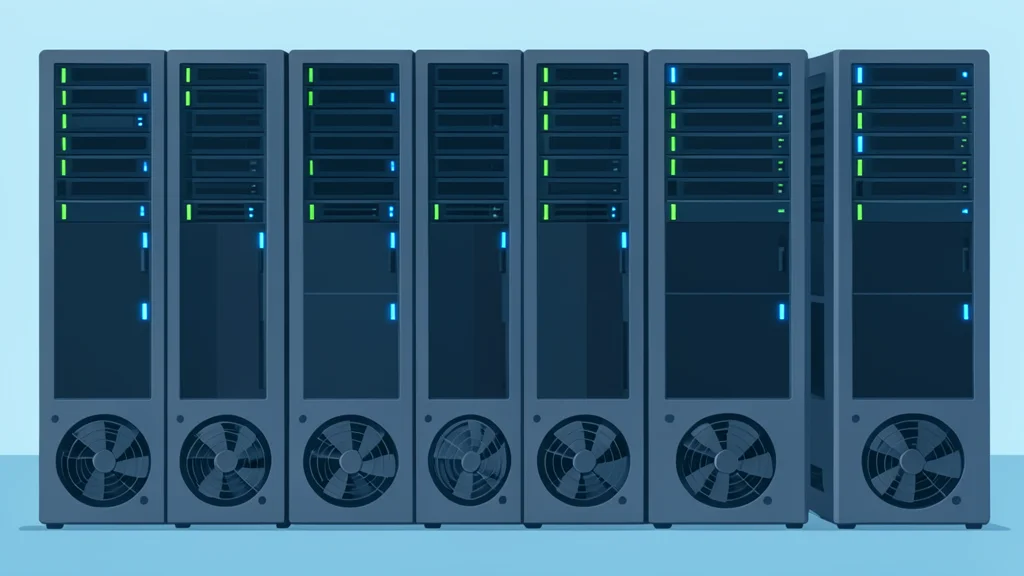 A modern server room with rows of blinking lights and cooling fans