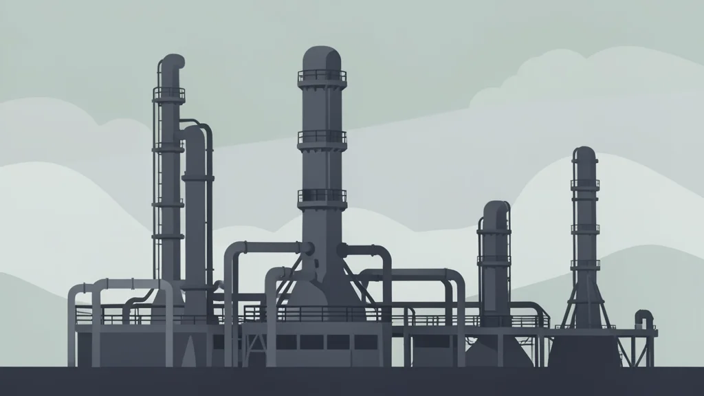 A large industrial oil refinery with tall distillation towers and piping against a hazy sky