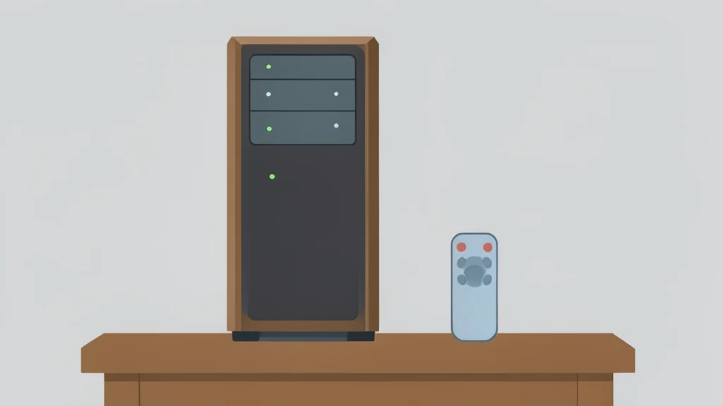 A wooden media server tower with blinking status lights sitting on a desk next to a remote control
