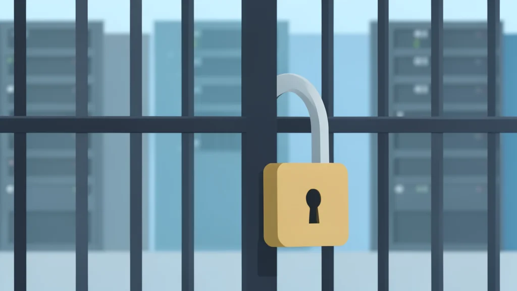 A heavy iron gate with a padlock set against blurred server racks.