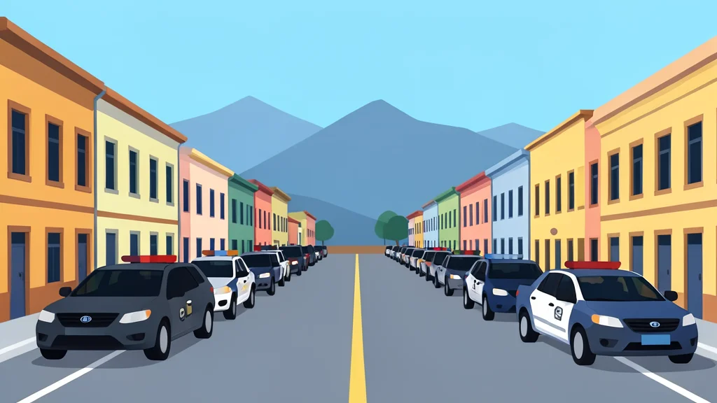 A wide, empty city street in Santiago with a row of parked police vehicles and a distant view of the Andes mountains under a clear sky