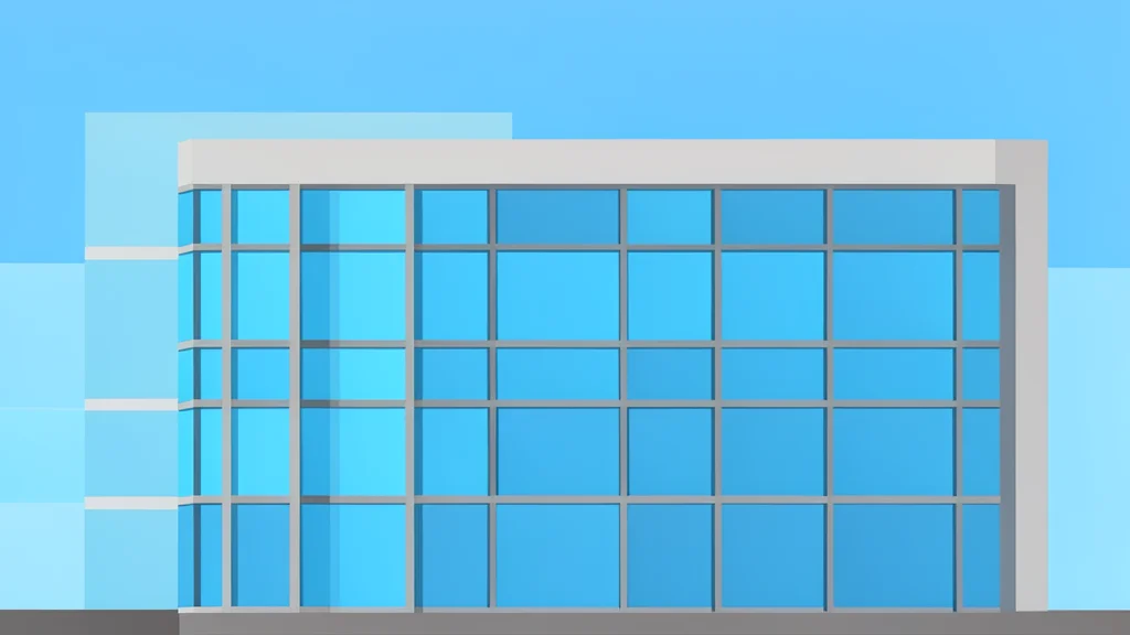 A modern office building facade with glass windows reflecting a clear sky