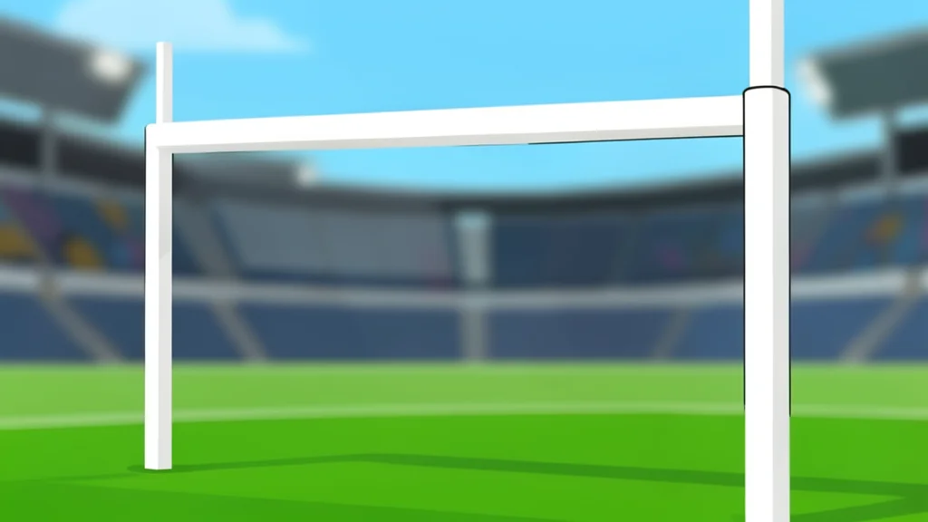 A wide-angle view of a green grass football field with empty white goalposts under a bright blue sky.