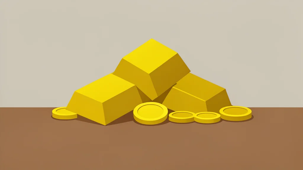 A small pile of raw gold bars and coins on a wooden surface