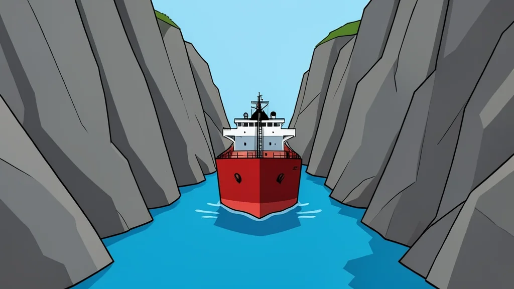 A narrow waterway between rocky cliffs with a large tanker ship navigating through it