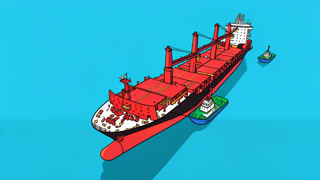 A large cargo ship sailing on calm blue water near a floating offshore platform