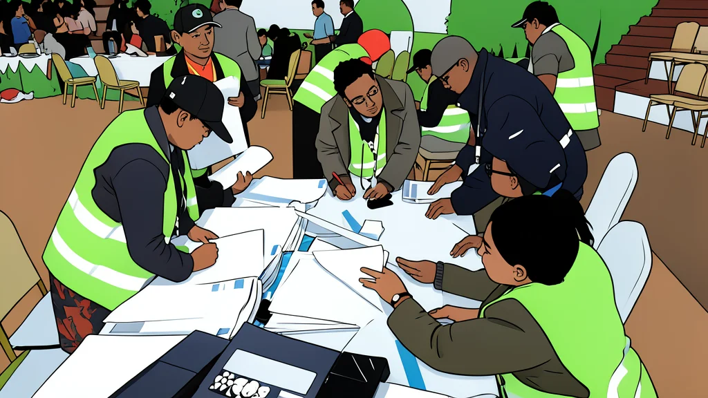 A stack of paper ballots and a ballot box in a polling station